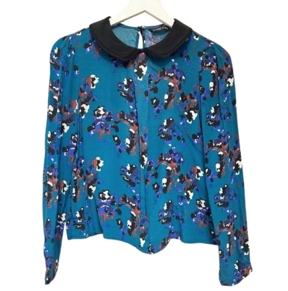 ZARA Woman Teal Floral Blouse with Black Peter Pan Collar Size S